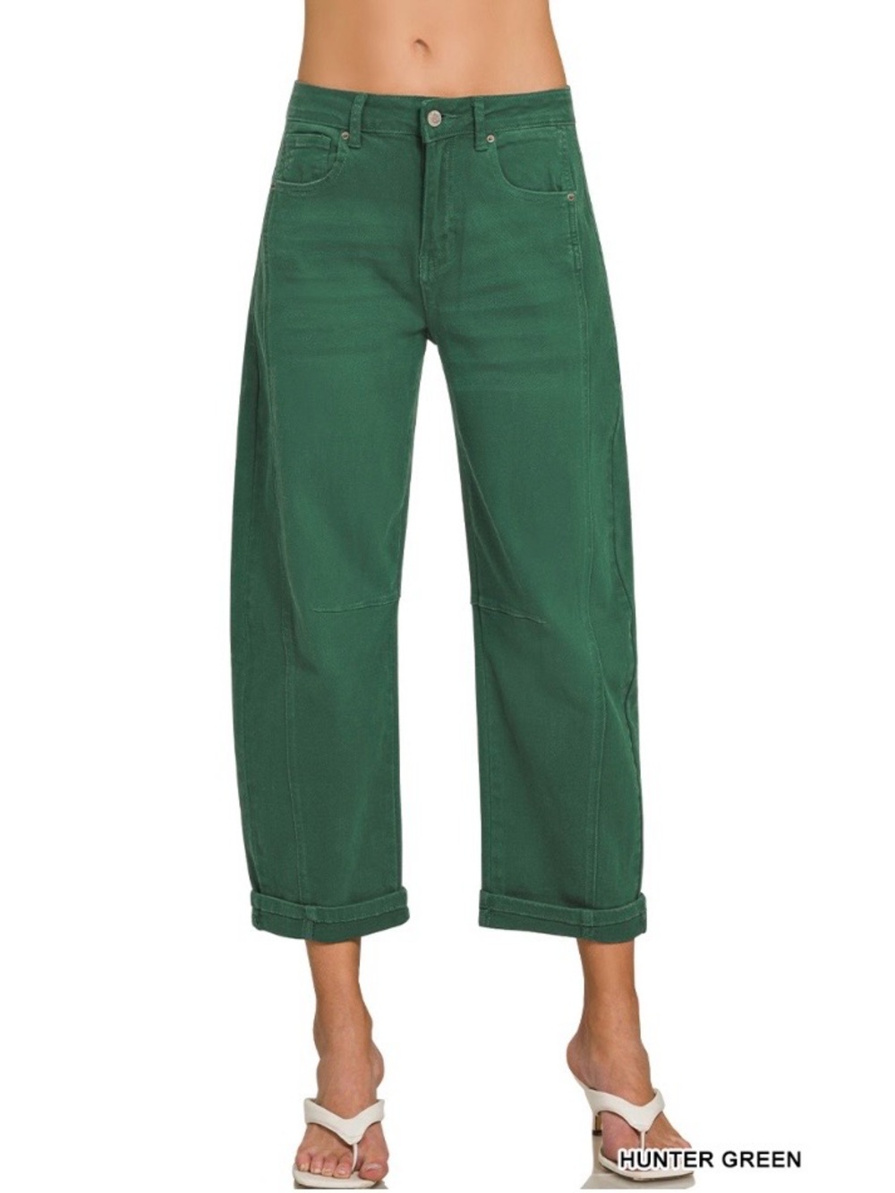 Hunter Green BARREL-LEG CROPPED COLOR DENIM PANTS